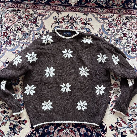 Vintage Paul James Brown White 100% Wool Cable Knit Men's Sweater Size L - Picture 5 of 5